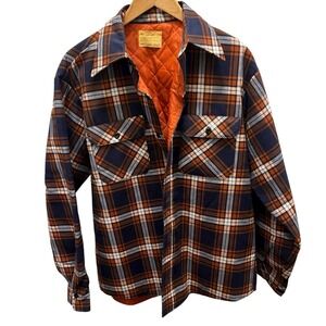 Vintage 70s Sears Perma-Prest Quilted Flannel Shirt Jacket Plaid Large Deadstock